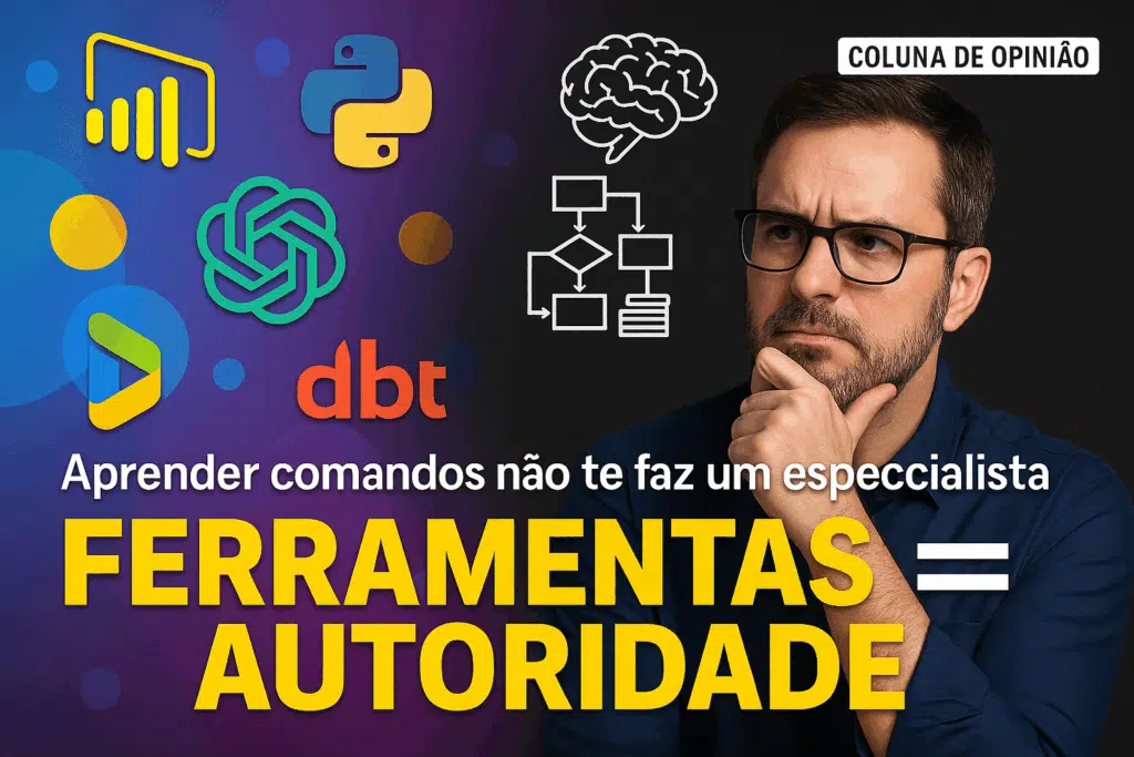 Homem pensativo ao lado de ícones tecnológicos como IA, gráficos e engrenagens, com expressão de alerta e texto em destaque que diz: "Cuidado com o Canto da Sereia".