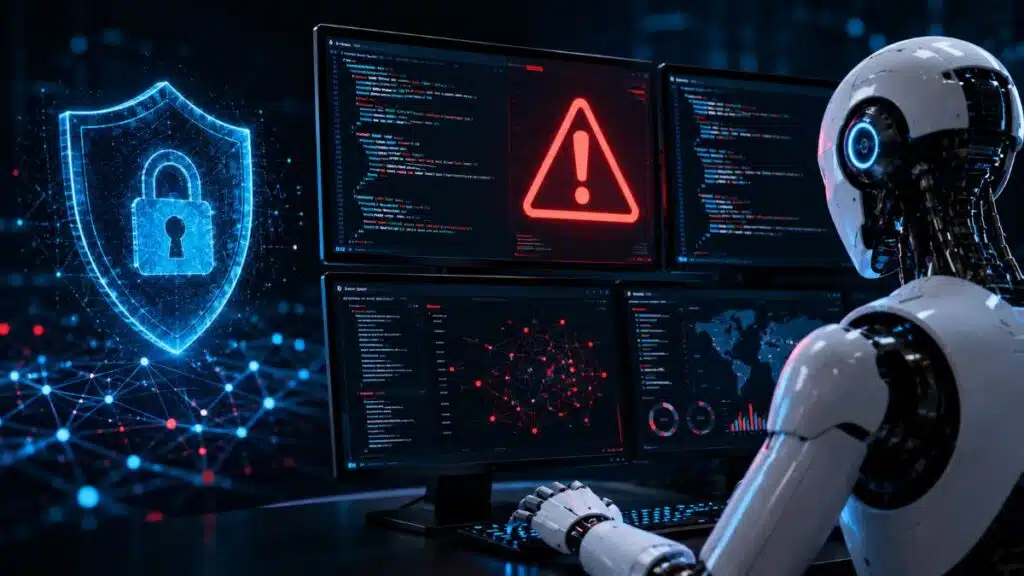 IA da Anthropic detecta mais de 23 mil falhas em projetos open source e acende alerta global de segurança "Ilustração futurista mostrando uma inteligência artificial analisando códigos em múltiplas telas com alertas vermelhos de vulnerabilidades e elementos de cibersegurança