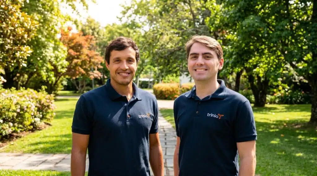 Representantes de empresa de tecnologia posam para registro em ambiente externo durante ação corporativa, destacando inovação, empreendedorismo e desenvolvimento de negócios.