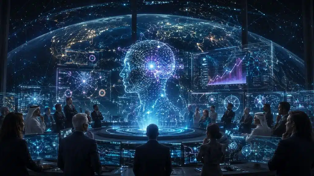 Ilustração futurista mostra especialistas monitorando uma inteligência artificial avançada diante de alertas globais de segurança digital. A imagem representa o debate sobre a pausa no desenvolvimento da IA defendida pela Anthropic, destacando riscos de autodesenvolvimento, governança tecnológica, segurança cibernética e regulação da inteligência artificial em escala mundial.
