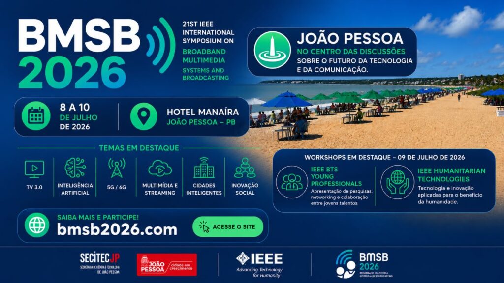 Banner oficial do BMSB 2026, simpósio internacional IEEE realizado em João Pessoa, Paraíba, com foco em Inteligência Artificial, TV 3.0, redes 5G e 6G, multimídia, streaming, cidades inteligentes e inovação tecnológica.