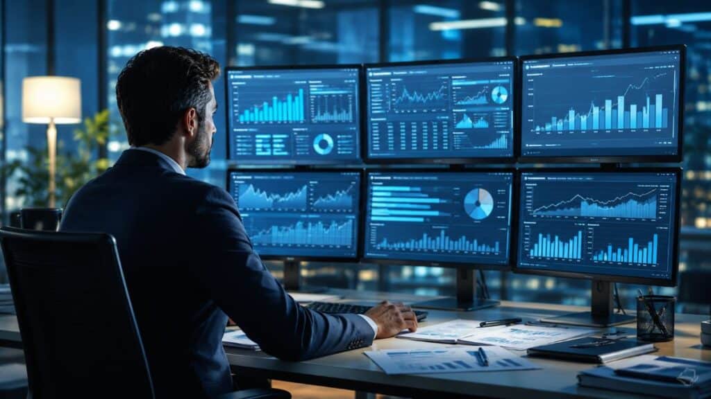 Contagem regressiva para a ECD 2026: o que pode custar caro se sua empresa deixar para a última hora Executivo financeiro monitora dashboards fiscais e indicadores contábeis em ambiente corporativo digital durante preparação da Escrituração Contábil Digital (ECD) 2026 e processos de compliance tributário