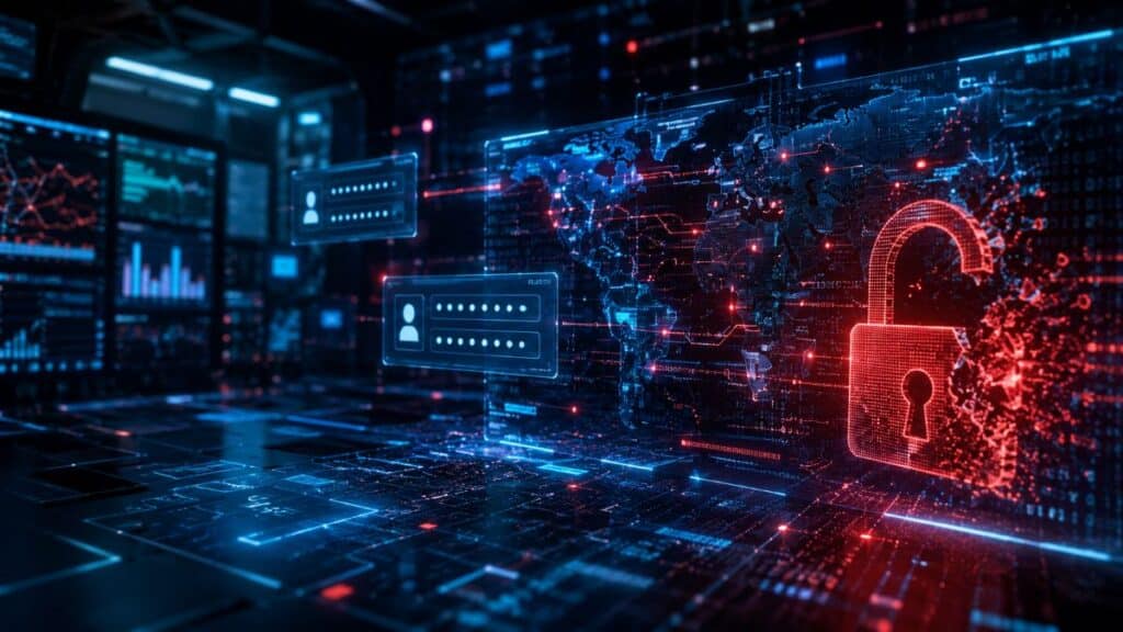Cresce ameaça dos infostealers na América Latina e especialistas reforçam alerta para empresas e usuários Ilustração de ambiente de cibersegurança com códigos digitais, fluxos de dados vazando, credenciais comprometidas e ameaças virtuais representando o avanço dos infostealers na América Latina.
