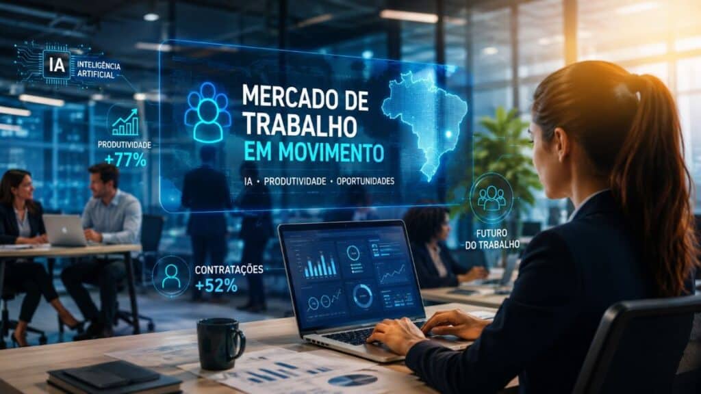 Profissionais analisam dados e ferramentas de Inteligência Artificial em ambiente corporativo, refletindo o crescimento das contratações e a transformação digital no mercado de trabalho brasileiro.