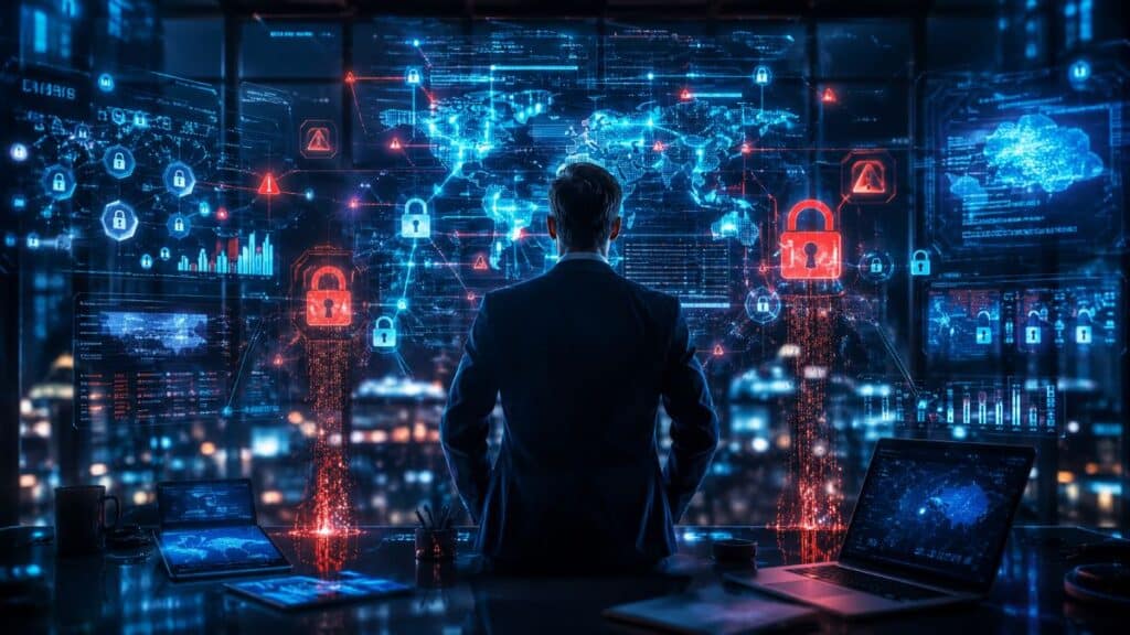 Executivo monitora sistema de Inteligência Artificial em ambiente corporativo enquanto alertas de segurança digital e vazamento de dados aparecem em telas tecnológicas, representando os riscos do Shadow AI nas empresas.