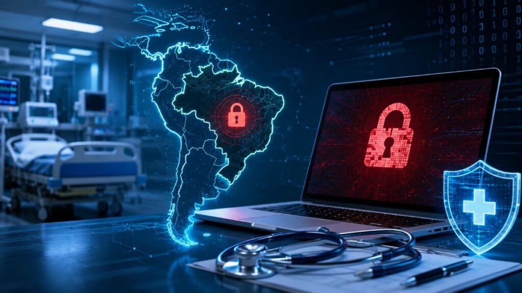 Ilustração de ambiente hospitalar moderno com mapa da América Latina, destaque para o Brasil, computador sob ataque de ransomware e elementos de cibersegurança representando ameaças digitais ao setor de saúde.