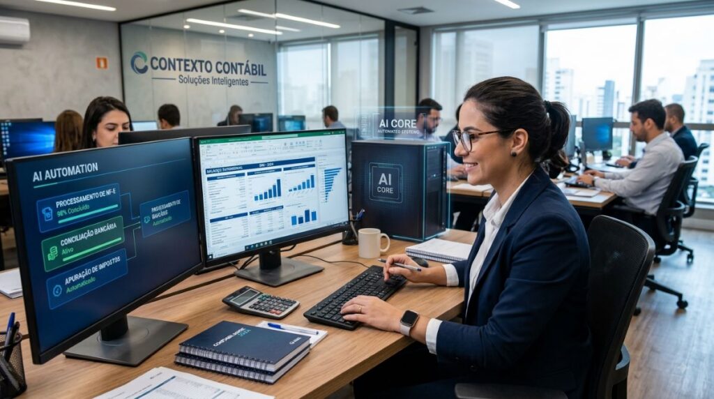 Agentes de IA transformam contabilidade e ampliam atuação estratégica dos contadores Profissional de contabilidade analisa dados financeiros em computador enquanto sistemas de inteligência artificial automatizam processos contábeis em ambiente corporativo.