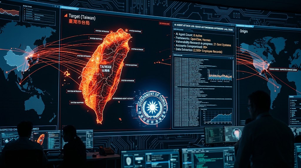 IA vira arma: ataque “quase” autônomo invade sistemas do governo de Taiwan imagem de um centro de ciberdefesa com radares e o mapa de Taiwan